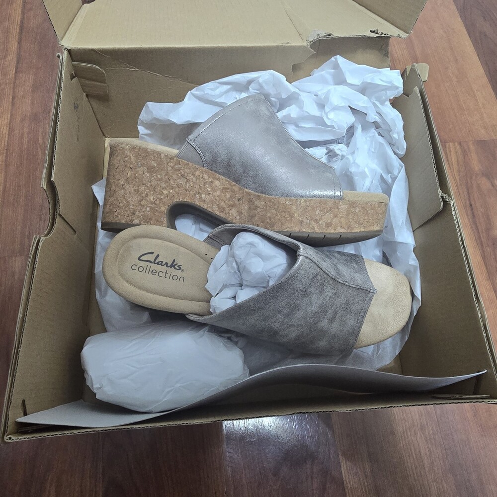 Clarks Womens Nerisa Vine Taupe Metallic Gold Mule Slipper With Cork Heel 9 Read - Picture 2 of 13